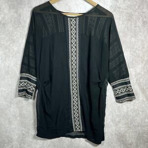 Anthropologie‎ Staring At Stars Tunic Top Womens L Black Sheer Embroidered Trim